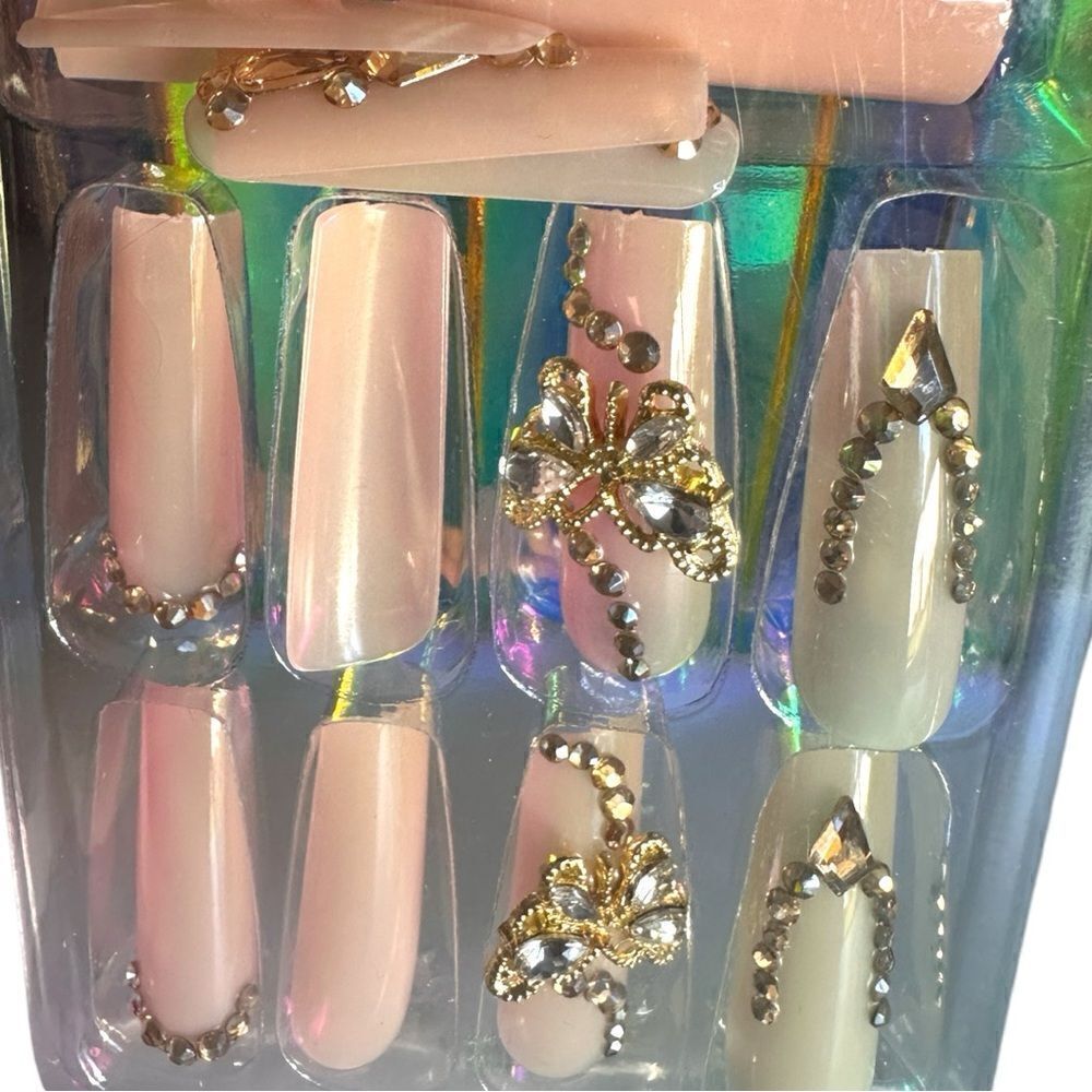 Glossy Nude Ballerina PressOn Nails & Crystal Embell…
